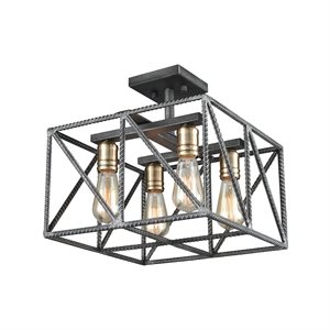 Ceiling flush-mount, satin brass and steel finish, 4 X A19